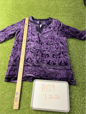 Relativity Tunic Boho‎ V neck 3/4 sleeves Purple Velvet Burnout Top PXL